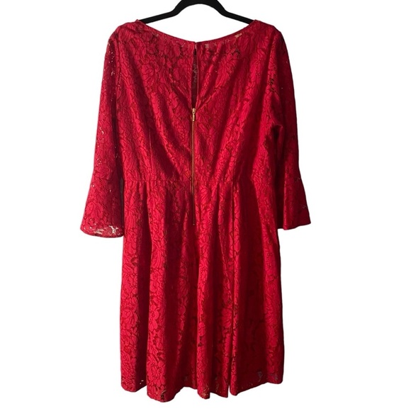 LANE BRYANT Modern Red Lace Bell Sleeve Dress with Exposed Gold Back Zip sz 16W - Picture 2 of 6
